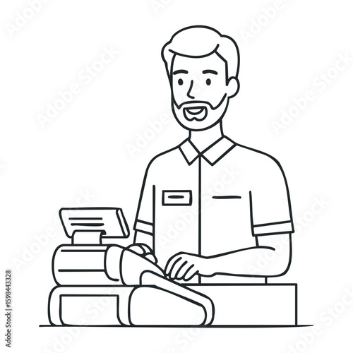 Male cashier operating register in store line art illustration. Vector illustration