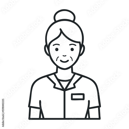 Elderly caucasian female nurse character line art with uniform and name tag. Vector illustration