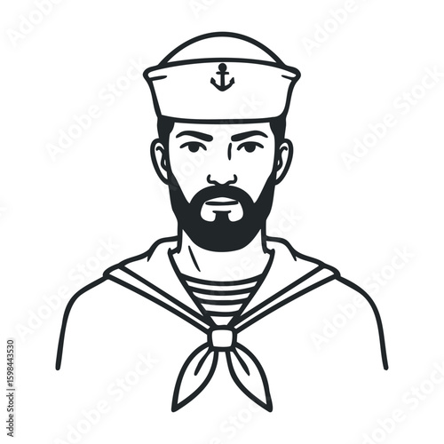 Sailor illustration of bearded male with cap and nautical uniform. Vector illustration