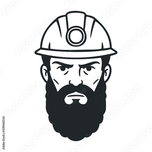 Bearded male miner emblem with helmet - strong, bold, determined icon design. Vector illustration