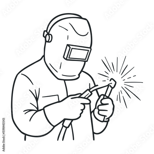 Skilled male welder in protective gear operating welding equipment. Vector illustration