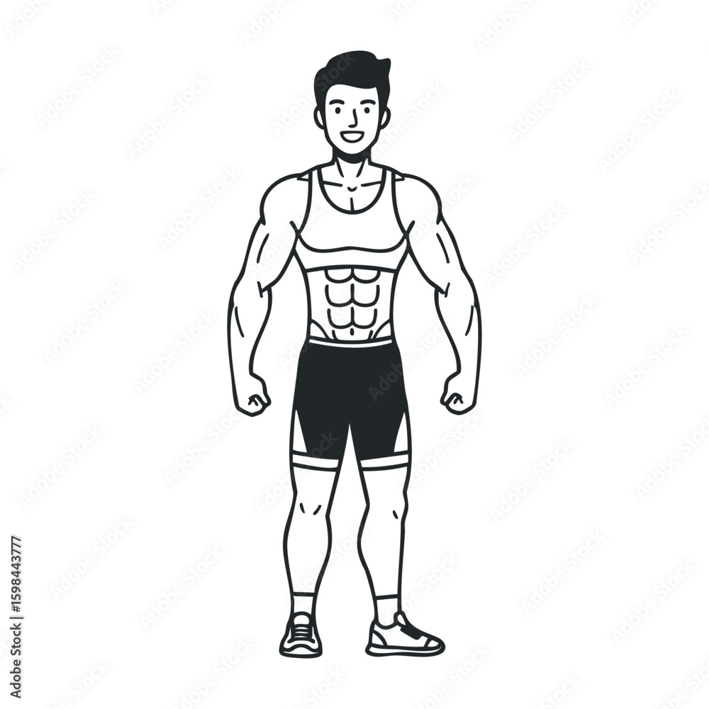 Fototapeta premium Muscular male fitness cartoon with strong caucasian adult in athletic wear. Vector illustration