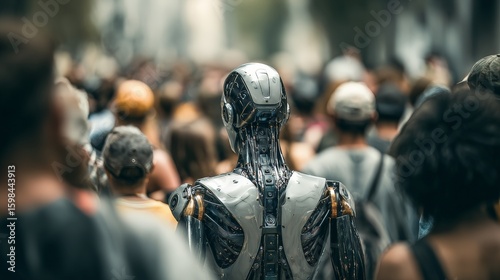 Futuristic robot among diverse urban crowd in city street