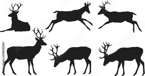 Vector art of silhouettes of deer in various poses isolated on white background