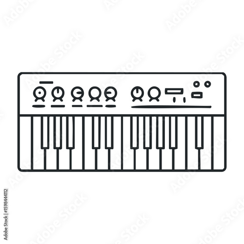 Black and white digital keyboard synthesizer line art with control buttons. Vector illustration