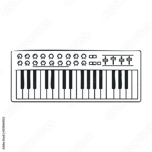 Black and white synthesizer keyboard with knobs and sliders for electronic music production. Vector illustration