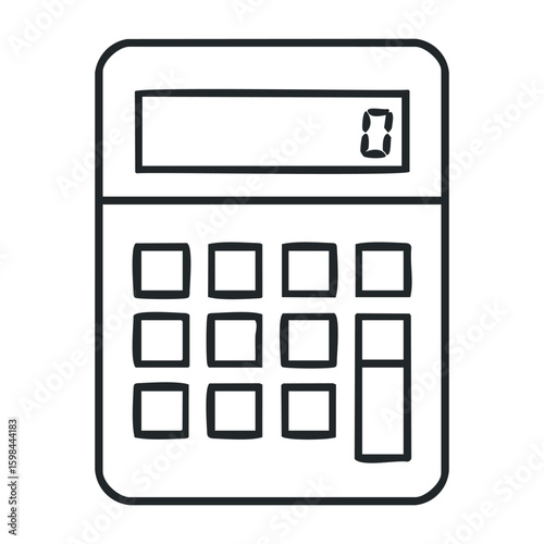 Simple black and white line art of calculator with numeric display showing zero. Vector illustration