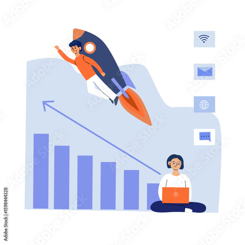 Startup launch and acceleration - business team with laptop, rocket, profit chart. Flat illustration of teamwork and business growth, startup