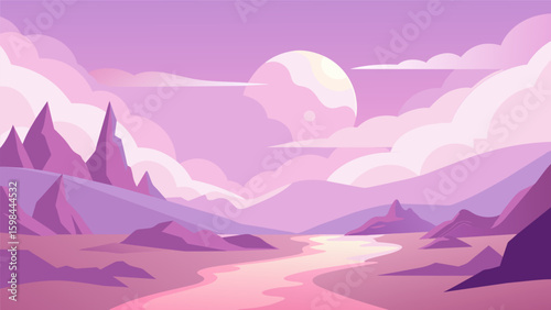 A dreamy landscape in shades of pale pink and lilac capturing the ethereal feeling of being in a state of emotional healing.. Vector illustration