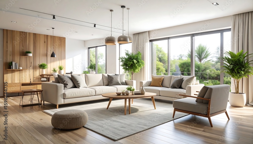 Fototapeta premium Modern, bright living room with wooden accents and natural light