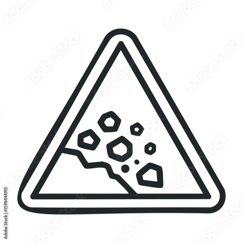 Rockfall warning sign icon with triangular outline and falling rocks. Vector illustration