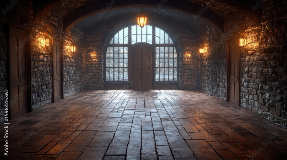 Fototapeta premium Stone Hallway with Arch & Windows