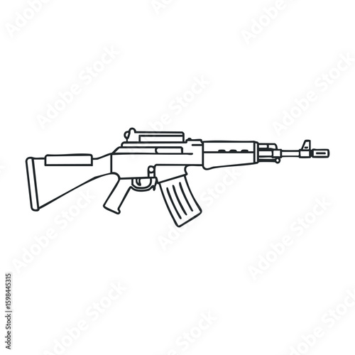 Outline drawing of a classic assault rifle side view on white background. Vector illustration