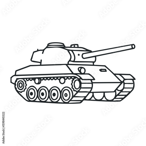 Outline drawing of classic military tank with cannon and tracks. Vector illustration