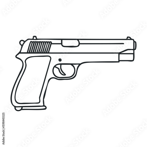 Outline drawing of semi-automatic pistol handgun with detailed design elements. Vector illustration