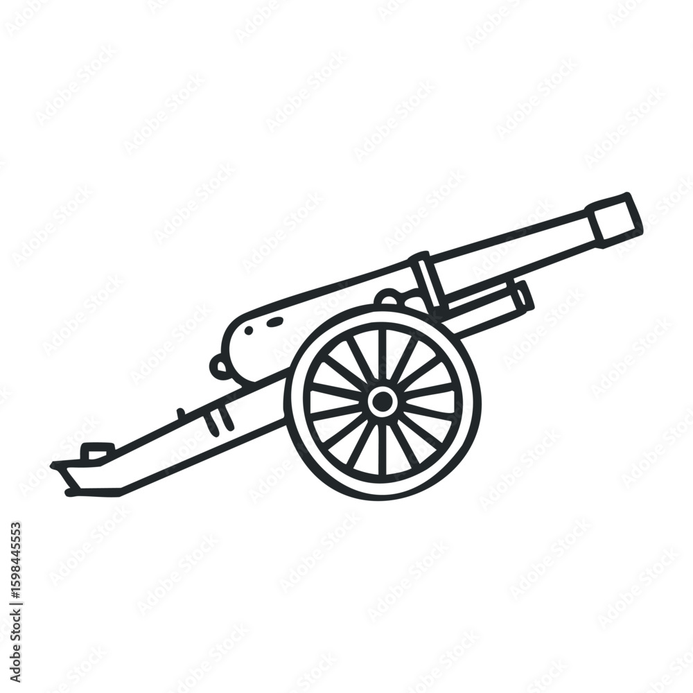 Fototapeta premium Vintage cannon outline drawing with wheels and long barrel. Vector illustration