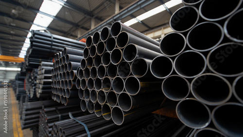 industrial black steel pipes neatly stacked in large bundles inside a spacious, well-lit warehouse