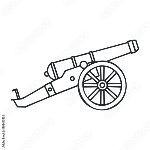 Historical cannon design with large wheel and barrel line art illustration. Vector illustration
