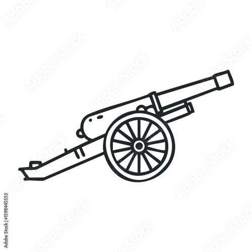 Vintage cannon outline drawing with wheels and long barrel. Vector illustration