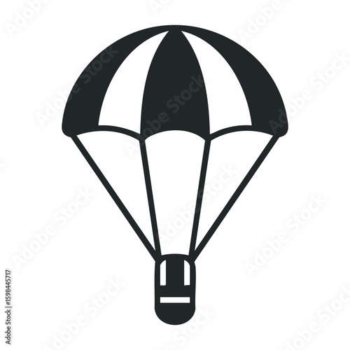 Minimalist black and white parachute icon with stripes and canopy design. Vector illustration