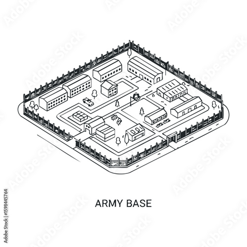 Isometric military base layout with buildings and fenced perimeter. Vector illustration