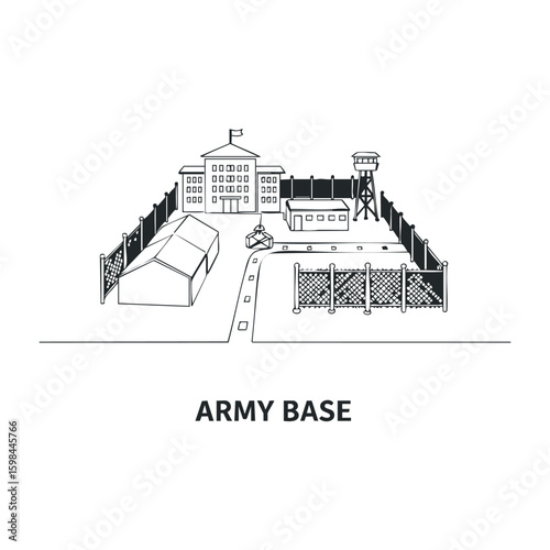 Military base outline with fence, watchtower, and buildings. Vector illustration