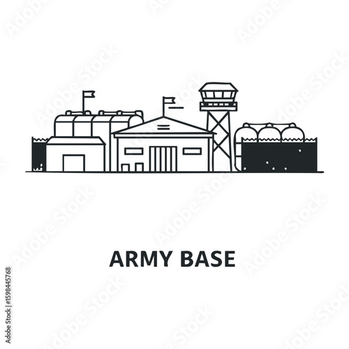 Army base with watchtower and barracks: military facility outline. Vector illustration