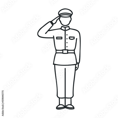 Outline of a male soldier saluting in uniform. Vector illustration
