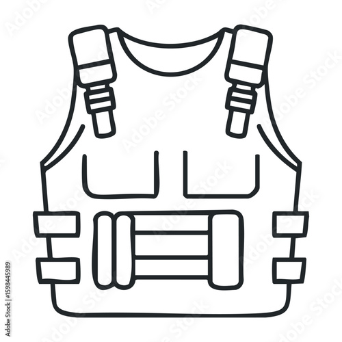Tactical bulletproof vest outline with straps and pockets for security and protection. Vector illustration