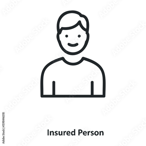 Outline icon of young caucasian male with smile and insured person text below. Vector illustration