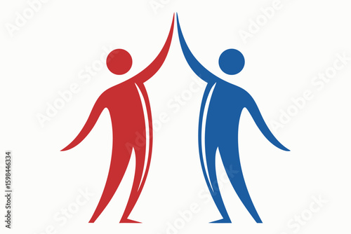 Red and blue abstract figures connect with a high five on white backdrop
