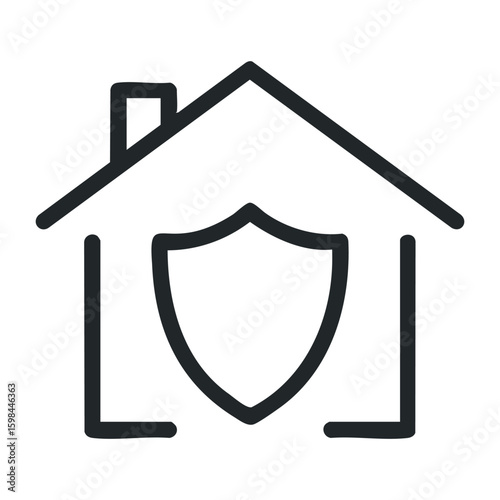 Black outline of house with protective shield icon for home security. Vector illustration
