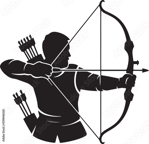 Silhouette Archer with Bow and Arrows in Action Precise Marksmanship Focused Concentration Ready Aim Fire