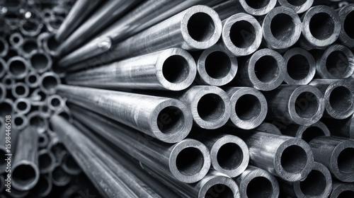 Steel pipes are arranged in neat stacks within an industrial warehouse.