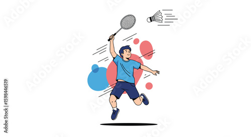 Young man playing badminton sport hitting shuttlecock overhead jump smash action dynamic movement energetic athlete training outdoors