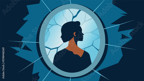 A cracked mirror with fragmented reflections of a person depicting the selfdoubt and selfconsciousness that can arise from analyzing your own. Vector illustration