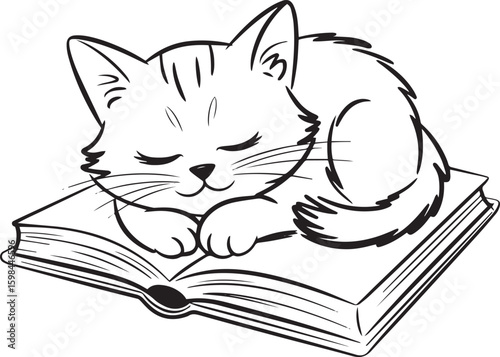 Cute Kitten Napping Peacefully on an Open Book in Black and White Line Art Illustration Style