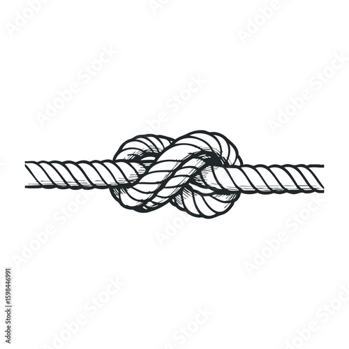 Monochrome sketch of a rope with a simple knot on a white background. Vector illustration