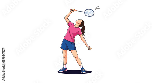 Young athlete skillfully plays badminton hitting shuttlecock with racket during a match or practice session