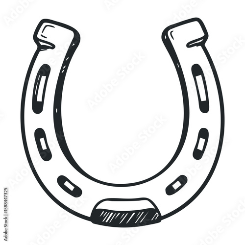 Black and white horseshoe sketch on white background symbolizing luck and protection. Vector illustration