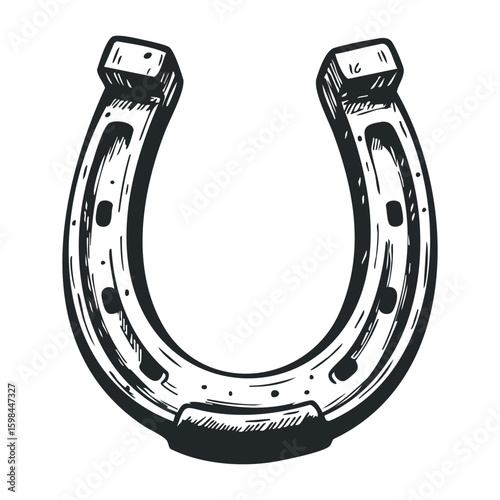 Black and white horseshoe drawing with vintage charm and detail. Vector illustration