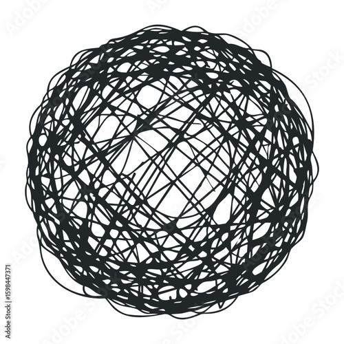Abstract black scribble sphere on white background with chaotic lines. Vector illustration