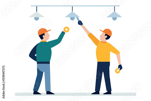 Two workers installing light fixtures on a ceiling