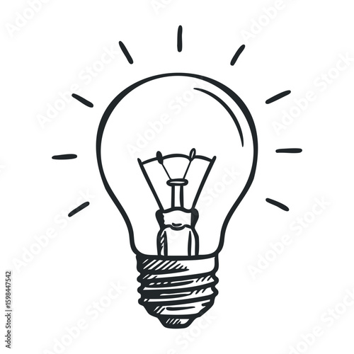 Simple sketch of a light bulb with radiating lines symbolizing creativity. Vector illustration