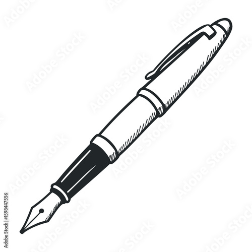Black and white fountain pen sketch with detailed nib design and clip. Vector illustration