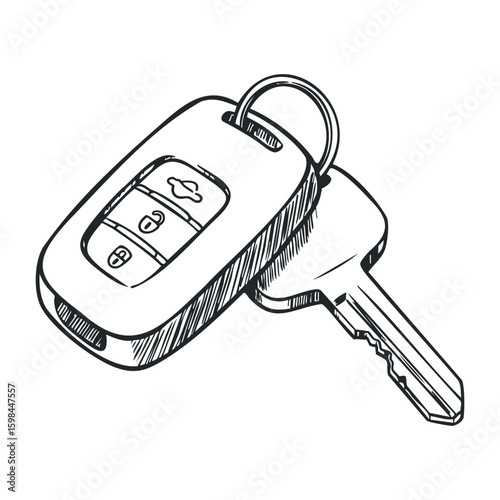 Monochrome sketch of car key and remote with buttons on keyring. Vector illustration