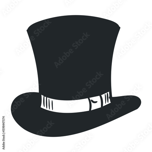 Classic black top hat with white band on white background. Vector illustration