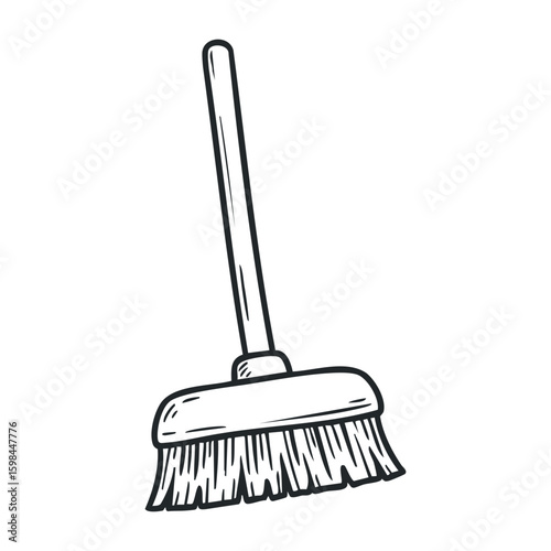 Simple broomstick drawing with bristles in black and white. Vector illustration
