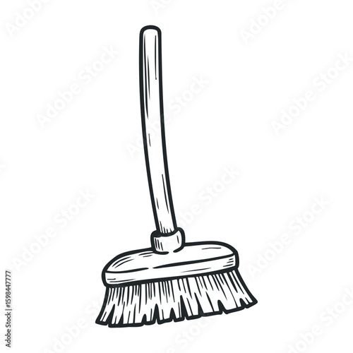 Hand-drawn broomstick illustration with bristles and wooden handle. Vector illustration