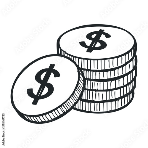 Hand-drawn stacked dollar coins with dollar sign in black and white sketch style. Vector illustration